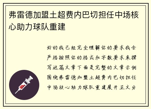 弗雷德加盟土超费内巴切担任中场核心助力球队重建
