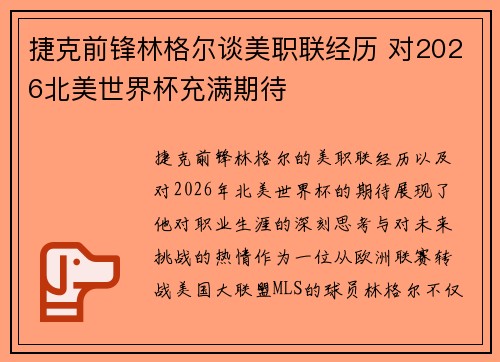 捷克前锋林格尔谈美职联经历 对2026北美世界杯充满期待